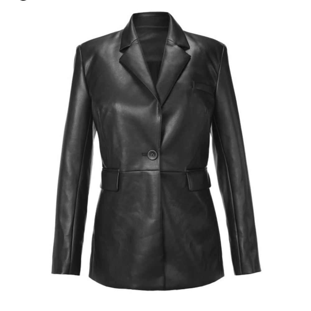 CAbi Black Faux Leather “James Jacket”